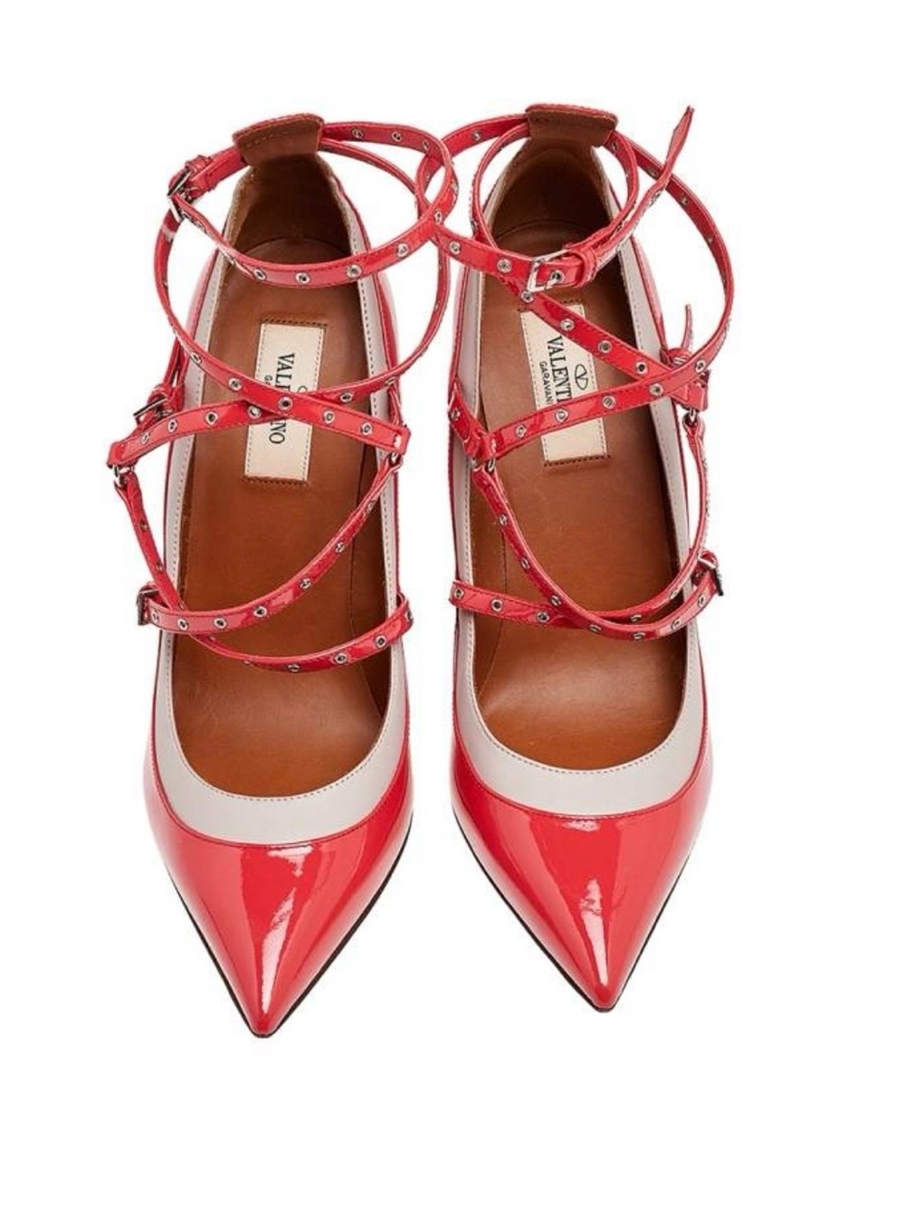 Valentino Red and White Patent Leather Strappy Pointed Heels